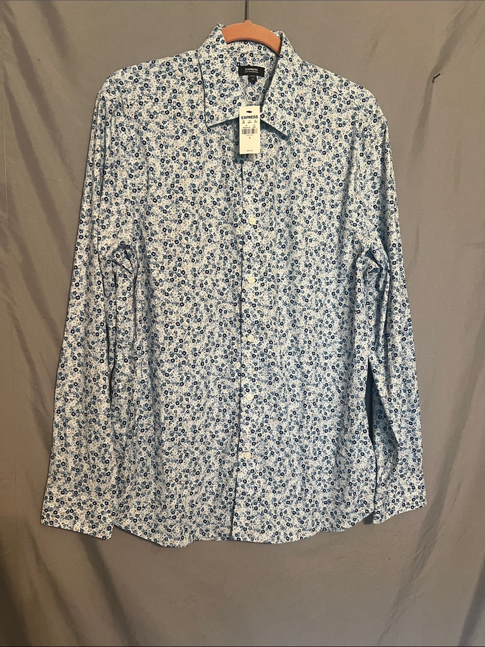 Express Men’s White Button-Down Shirt with Blue Floral Print